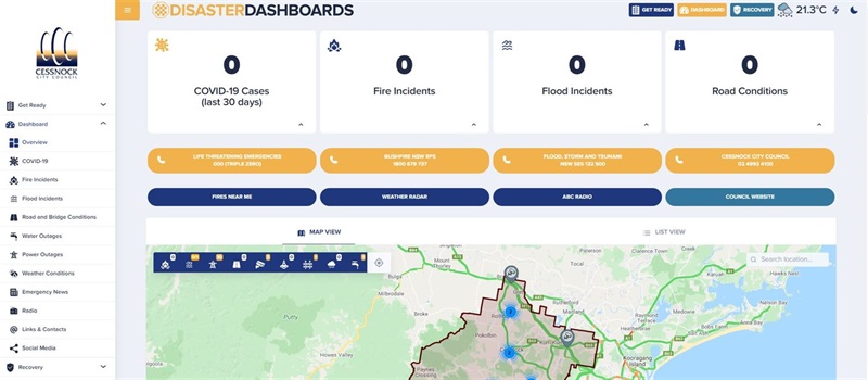 Screenshot of the Cessnock Disaster Dashboard